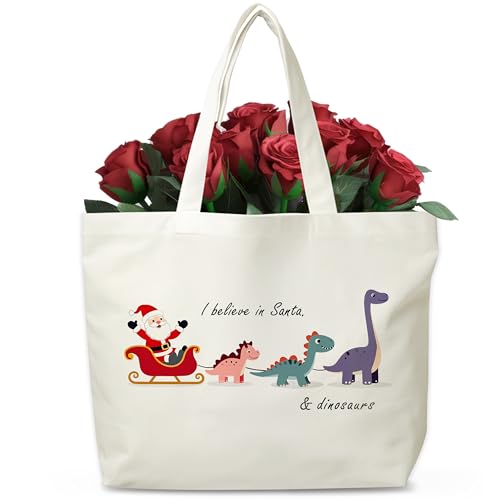 Christmas Canvas Tote Bag with Santa and Dinosaur Design - Reusable Holiday Gift Bag for Women