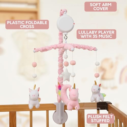 Unicorn Baby Crib Mobile for Girls with 28-Inch Arm & 35 Lullabies, Pink & White