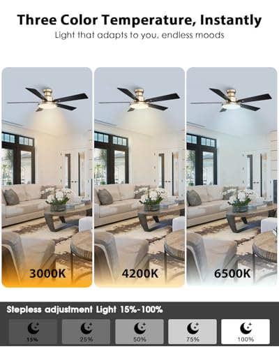 Golden 52 Inch Low Profile Ceiling Fan with Lights & Remote - Modern Gold & Wood Design