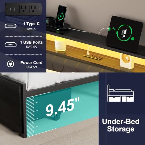 Twin Bed Frame with Drawers & LED Lights - Upholstered Headboard, Charging Station, Easy Assembly (Fashion Variation)