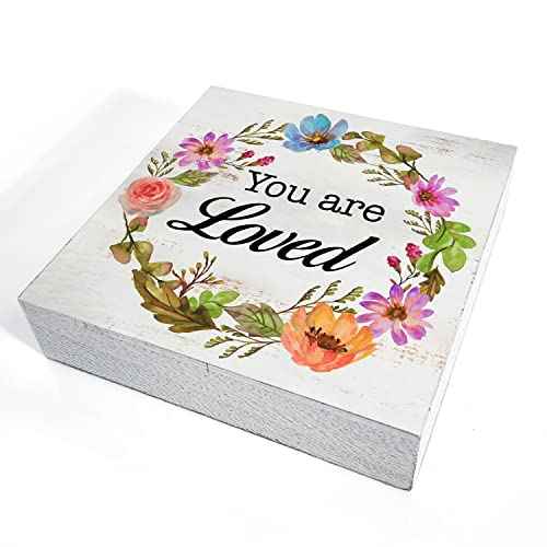 Floral You Are Loved Wood Box Sign Home Decor Rustic Inspirational Wooden Box Sign Block Plaque for Wall Tabletop Desk Home Decoration 5" x 5"