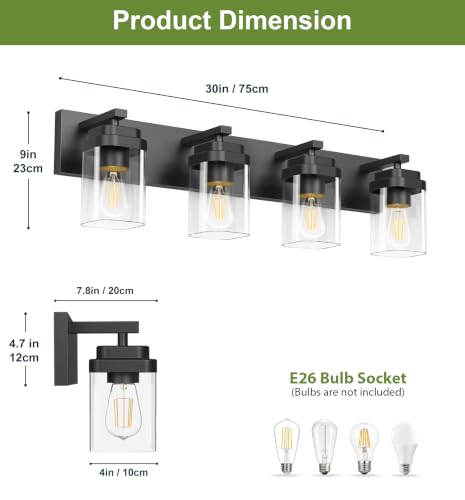 Black 4-Light Bathroom Vanity Light Fixture - 30 Inch Modern Square Design
