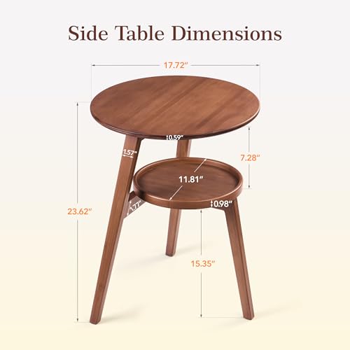 VELOHEIM Brown 2-Tier Round Bamboo Mid-Century End Table - Rustic Modern Side Table