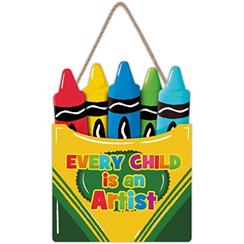 LHIUEM Colorful Crayon Wood Sign Decor(10"X14") Inspirational Quote Every Child is an Artist Wall Art Multicolor Cartoon Pencil Positive Wooden Plaque for Kid Room Playroom Classroom Nursery
