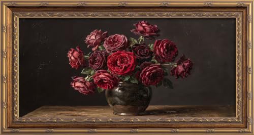 MOGIKE Vintage Framed Burgundy Red Rose Wall Art - 12x24 Inch Floral Canvas for Living Room & Bedroom