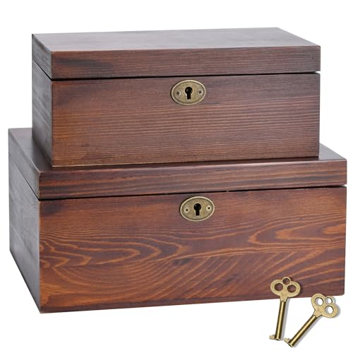 Vintage Wooden Keepsake Storage Boxes with Lockable Hinged Lids - 2 Pack