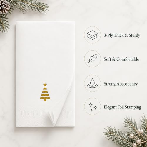 Tbsone Christmas Dinner Paper Napkins - 100 Pack, Holiday Guest Towels, 3-Ply, Festive Foil Tree Design