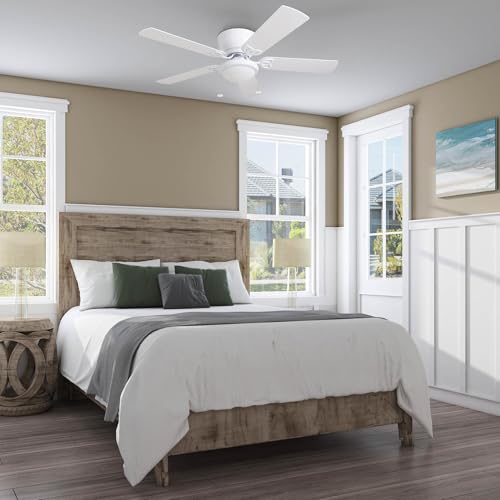 Indoor Ceiling Fan with Light - 52 Inch White & Gray Oak Blades, Flush Mount, Quiet 3-Speed