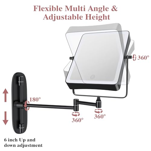 Black Wall Mounted Lighted Makeup Mirror with 10X Magnification & Dimmable LED Lights