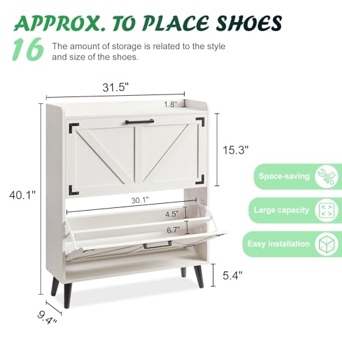 Antique White Barnyatoh Shoe Storage Cabinet with 2 Flip Drawers, Hidden Shoe Organizer