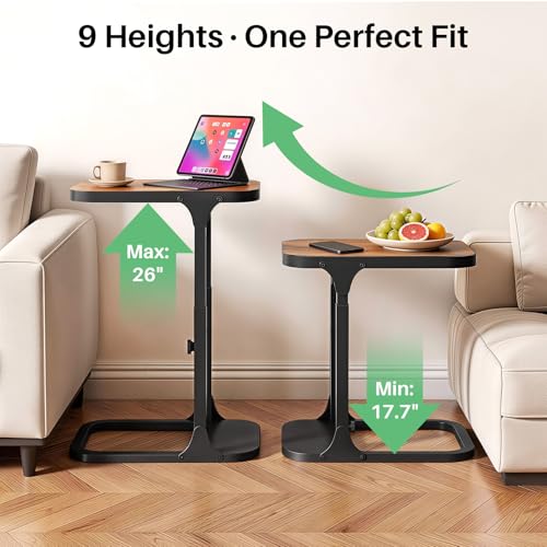Kitstorack Brown Adjustable C-Shaped End Table for Couch & Bed - Rustic Metal Frame