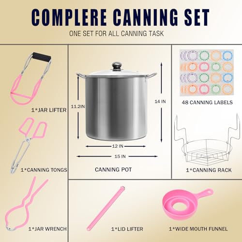Canning Pot Water Bath Canner Kit with Rack & Lid - Pink - 21.5 Quart Stainless Steel