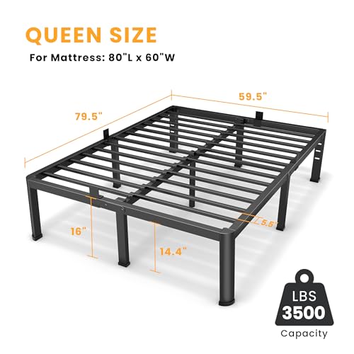 16 Inch Queen Size Metal Platform Bed Frame with Round Corners and Support Legs