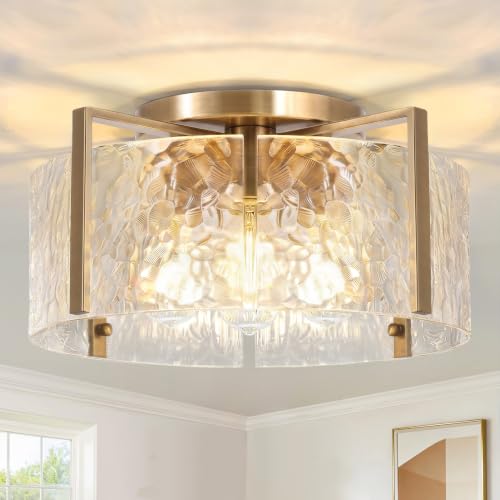 16'' Gold Semi Flush Mount Ceiling Light, 4-Light Glass Drum Light