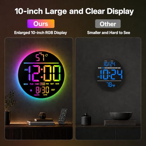 JALL 10" Large Digital Wall Clock with Remote, RGB Color, Big LED