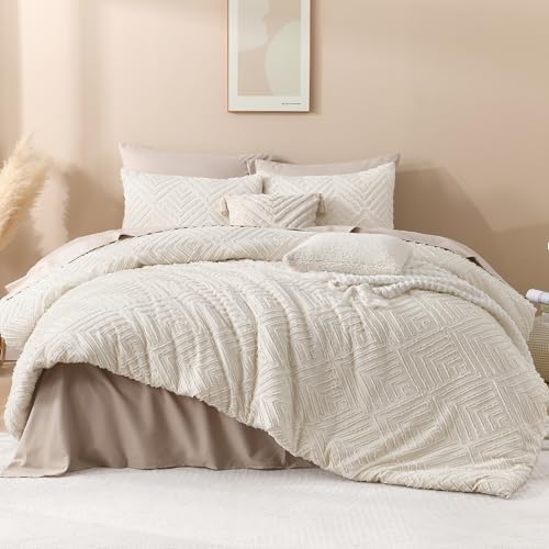 Andency King Size Beige Boho Comforter Set 3 Pieces - Reversible, Ultra Fluffy, 104x90"