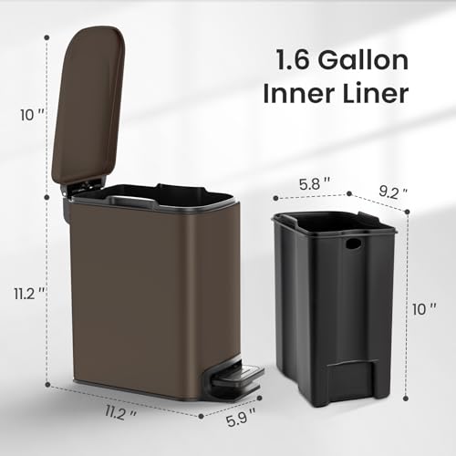 Small Bathroom Trash Can with Lid - 1.6 Gallon, Soft Close, Brown