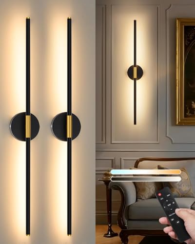 24-Inch Rechargeable Wall Sconce Set of 2 - Black Gold, 350° Rotating Lamp, Dimmable & Cordless