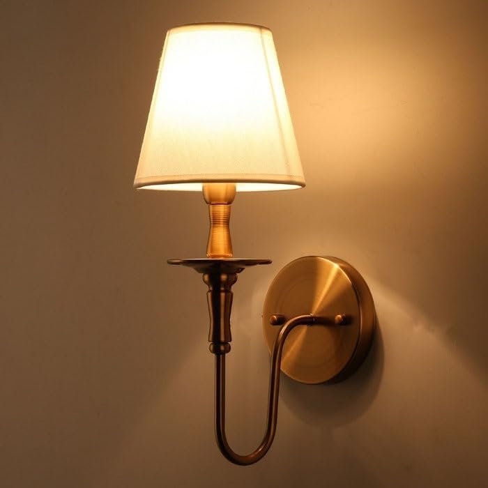Vintage Gold Wall Sconce Set of 2 with White Fabric Shades - E26/E27 Fixture for Living Room, Hallway, Bedroom