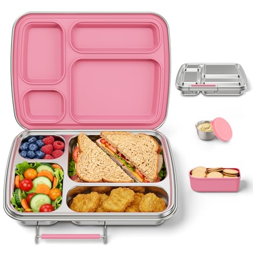 Eoika Pink Stainless Steel Kids Bento Box 4-Compartment Lunch Container with Silicone & Sauce Cup