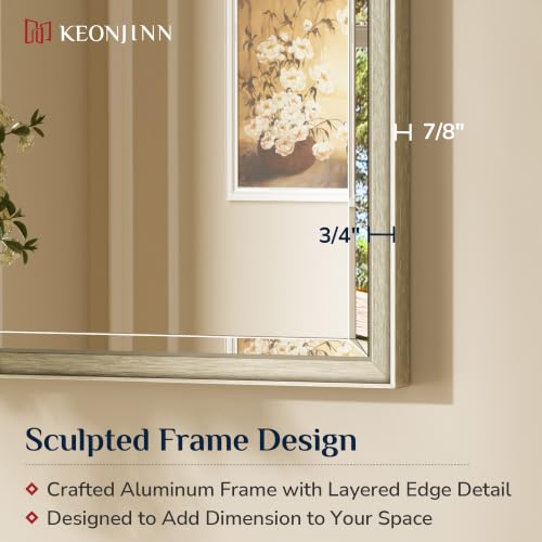 Keonjinn 24 x 30 Inches Rectangular Brushed Nickel Bathroom Mirror with Aluminum Frame