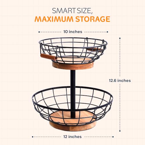 Round 2-Tier Fruit Basket with Banana Hanger, Metal & Wood Kitchen Organizer
