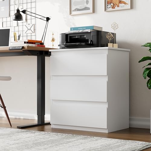 White Nightstand with 3 Drawers - Small Bedroom Side Table Storage
