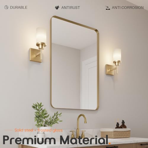 Vanity Lighting Fixtures 2 Pack with White Frosted Glass Shades - Champagne Bronze Wall Lamps for Bathroom & Bedroom - Up & Down Mounting