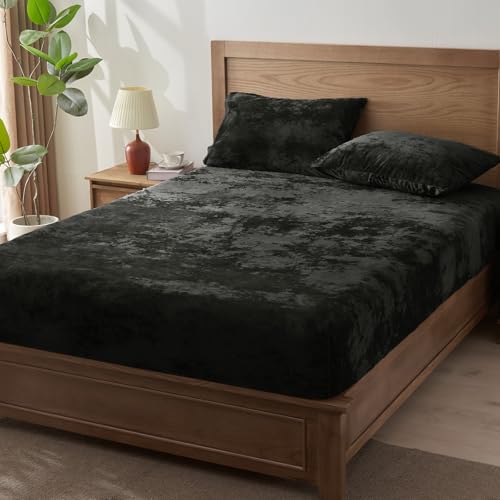 BEDELITE Velvet Fitted Sheet & Pillowcase Set Queen Black - Ultra-Soft, Luxurious Bedding