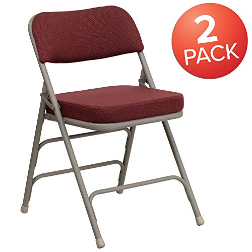Burgundy Fabric Folding Chairs Set of 2 with Cushioned Seat, Gray Frame, 300lb Capacity
