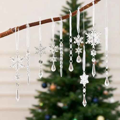 Christmas Ornaments for Tree Decorations - Hanging Acrylic Snowflake & Icicle Christmas Pendants for Winter Xmas Tree,New Year Party Supplies,DIY Holiday D?cor