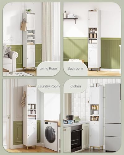 White Tall Bathroom Cabinet with Adjustable Shelves and Drawer - 11 x 11 x 70.9 Inches