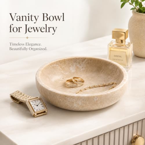 Beige Travertine Catchall Bowl - 7.87-Inch Decorative Jewelry & Key Dish
