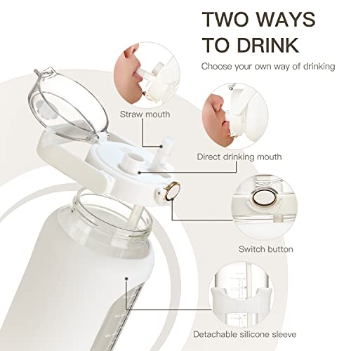64oz Glass Water Bottle with Straw & Handle - White - Motivational Time Marker