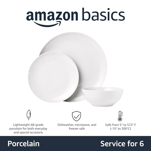 Amazon Basics 18-Piece White Porcelain Coupe Dinnerware Set for 6 - Microwave & Dishwasher Safe