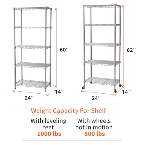 Grey 5-Tier Metal Wire Closet Shelf with Wheels, Adjustable & Rustproof - 14"D x 24"W x 61"H