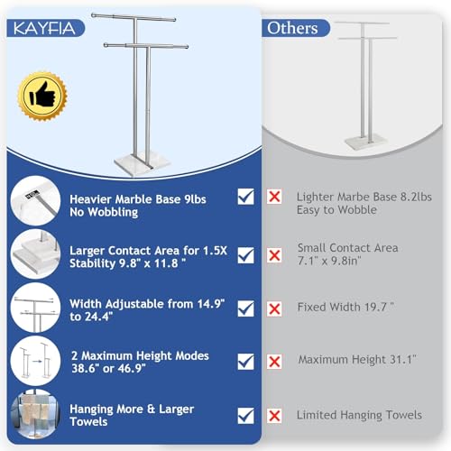 Silver 40'' Stainless Steel Towel Rack with Marble Base, 2-Tier Adjustable