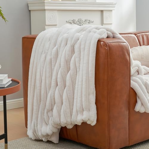 Amélie Home Ivory Striped Faux Fur Throw Blanket 55x70 Oversized Cozy