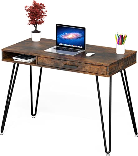 Rustic Brown Hairpin Leg Desk with Drawer - Modern Home Office Table