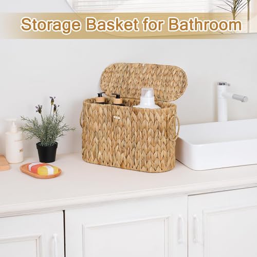 Water Hyacinth Toilet Paper Storage Basket with Lid - Slim Organizer Holds 9 Mega Rolls - Natural