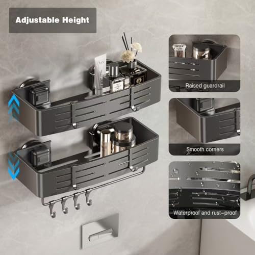 Suction Cup Shower Caddy Rectangle 3 Pack - No Drilling Bathroom Organizer with Towel Bar & Hooks