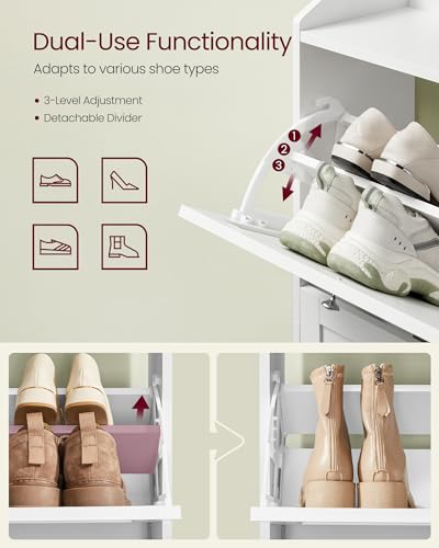 VASAGLE Cloud White Shoe Storage Cabinet with 3 Flip Drawers, Slim 9.5"D x 23.6"W x 47.7"H, Holds 12-20 Pairs