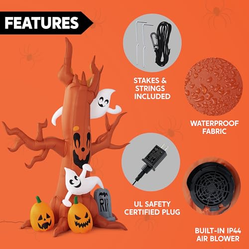 8FT Halloween Inflatable Scary Tree with Ghost, Pumpkins & Tombstone - LED Yard Decor
