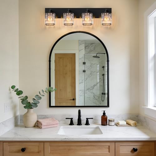 Black Crystal Bathroom Vanity Light - 4-Light Modern Wall Sconce with Square Shade - Matte Black Fixture