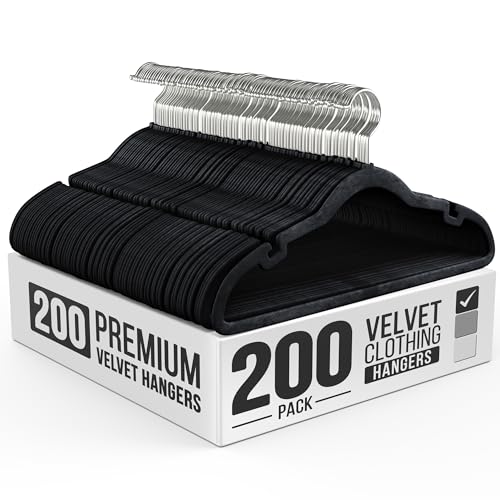 Black Velvet Hangers 200 Pack Slim Space Saving Clothes Suit & Dress Organizers