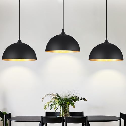 Black & Gold Pendant Lights 3 Pack - 11.8 Inch Modern Farmhouse Dome Fixture for Kitchen Island & Dining