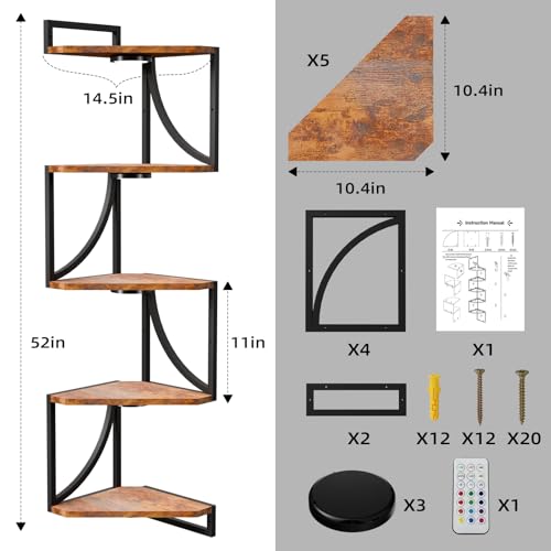 HAAYOT Curved Frame Corner Shelf Wall Mounted with Lights - 5-Tier Floating Metal Shelves, Rustic Brown