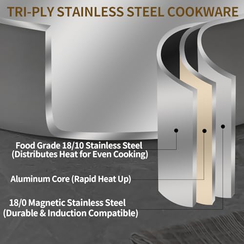DELARLO 8 Quart Tri-Ply Stainless Steel Braiser Pan with Lid - Durable & Even Heating