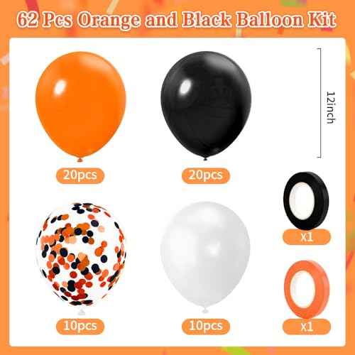 Black and Orange Balloons 62Pcs 12 Inch Metallic Halloween Party Balloons Black Orange White Confetti Balloon Set with Ribbon for Halloween Birthday Wedding Anniversary Baby Shower Party Decorations