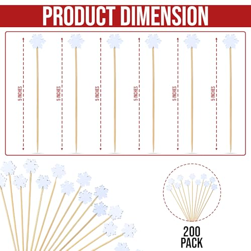 Decorative White Snowflake Bamboo Cocktail Picks 5-inch 200 Pack